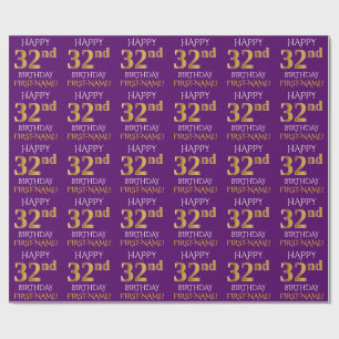 Lila, Faux Guld "LYCKLIG 32:a BIRTHDAY" Presentpapper