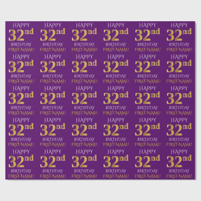 Lila, Faux Guld "LYCKLIG 32:a BIRTHDAY" Presentpapper (Platt)