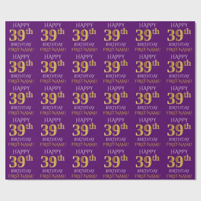 Lila, Faux Guld "LYCKLIG 39:e BIRTHDAY" Presentpapper (Platt)