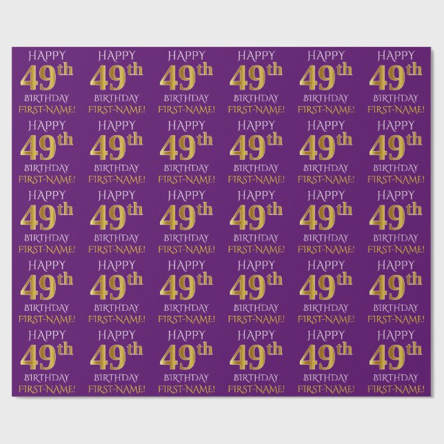 Lila, Faux Guld "LYCKLIG 49:e BIRTHDAY" Presentpapper (Platt)