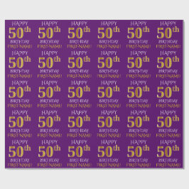 Lila, Faux Guld "LYCKLIG 50:e BIRTHDAY" Presentpapper