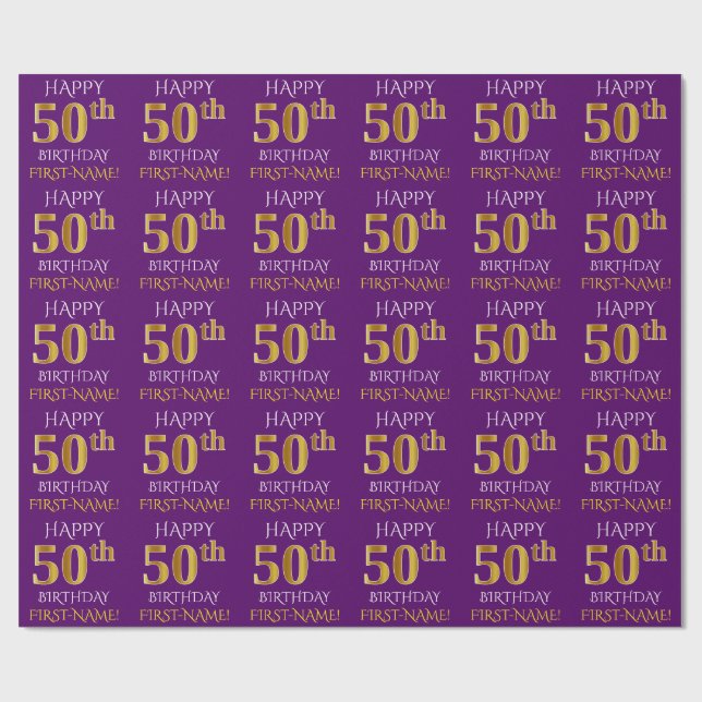 Lila, Faux Guld "LYCKLIG 50:e BIRTHDAY" Presentpapper (Platt)