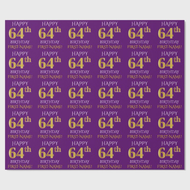 Lila, Faux Guld "LYCKLIG 64:e BIRTHDAY" Presentpapper (Platt)