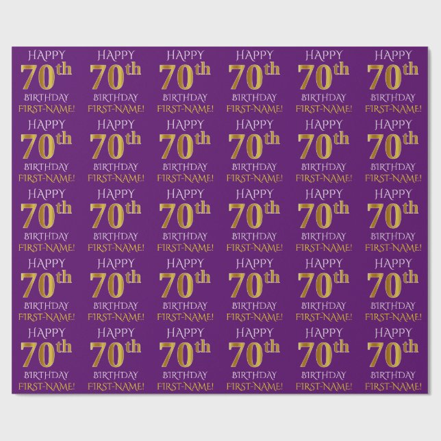 Lila, Faux Guld "LYCKLIG 70:e BIRTHDAY" Presentpapper (Platt)
