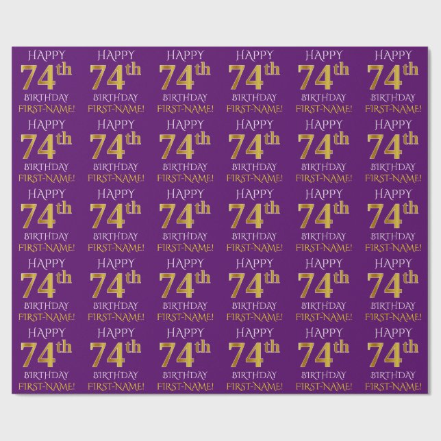 Lila, Faux Guld "LYCKLIG 74:e BIRTHDAY" Presentpapper (Platt)