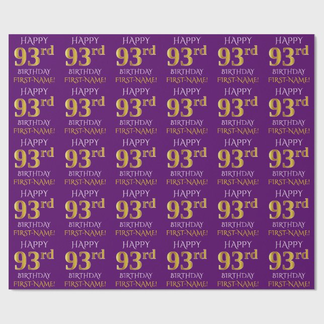 Lila, Faux Guld ’LYCKLIG 93:e BIRTHDAY’ Presentpapper (Platt)