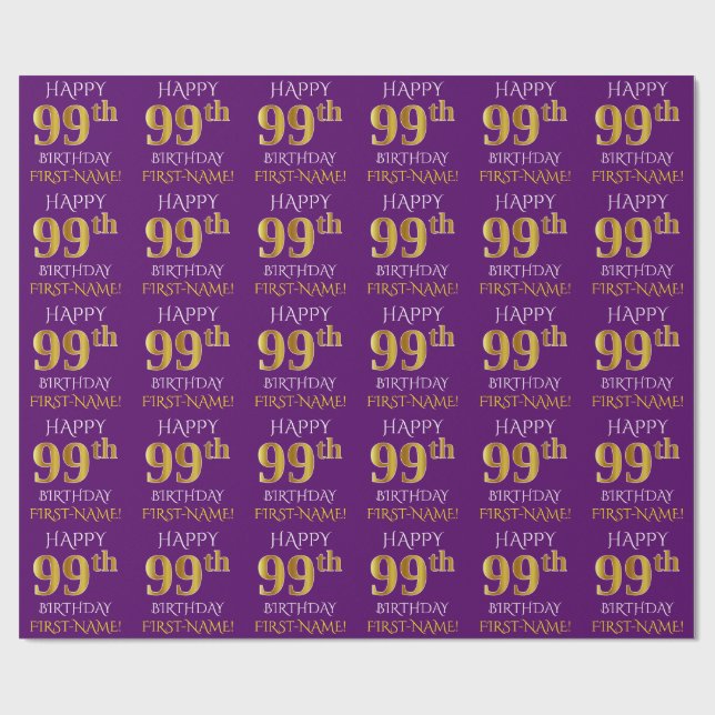 Lila, Faux Guld ’LYCKLIG 99 BIRTHDAY’ Presentpapper (Platt)