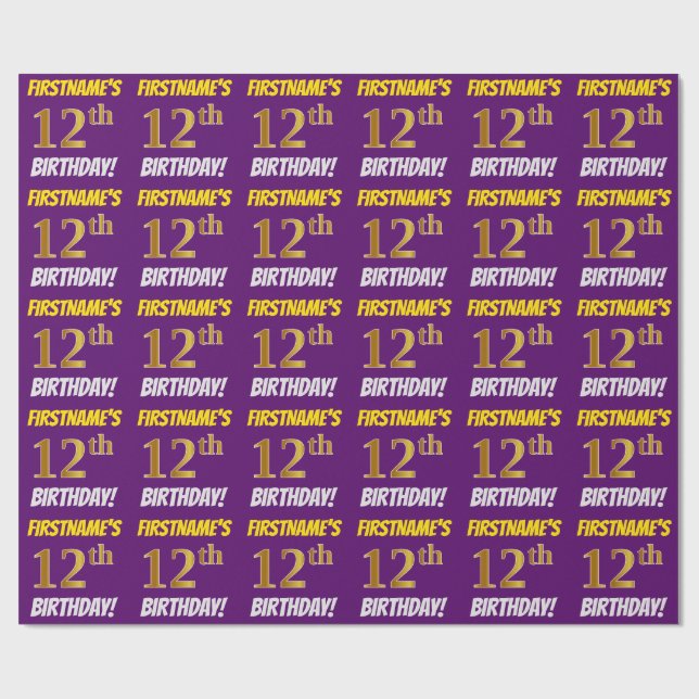 Lila, Faux/Imitation Guld, "12:e BIRTHDAY" Presentpapper (Platt)