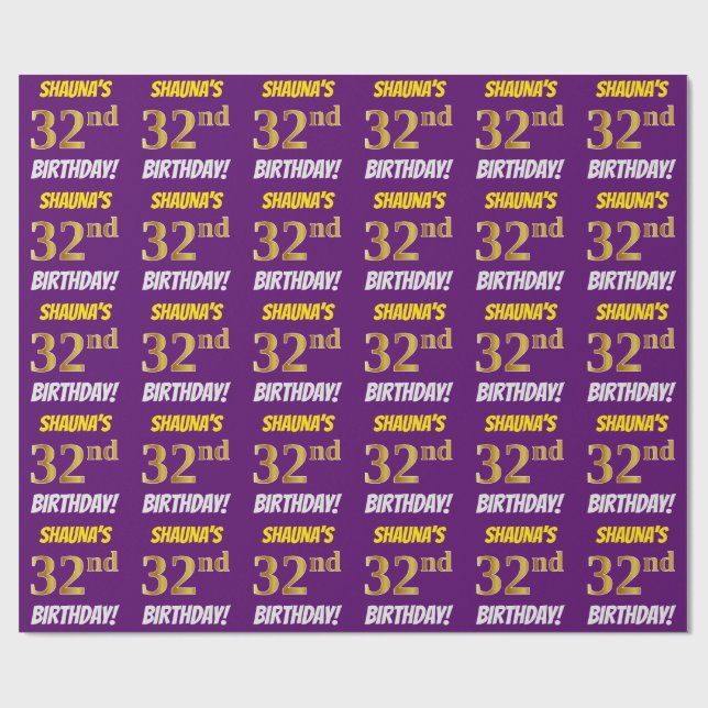 Lila, Faux/Imitation Guld, "32:a BIRTHDAY" Presentpapper (Platt)