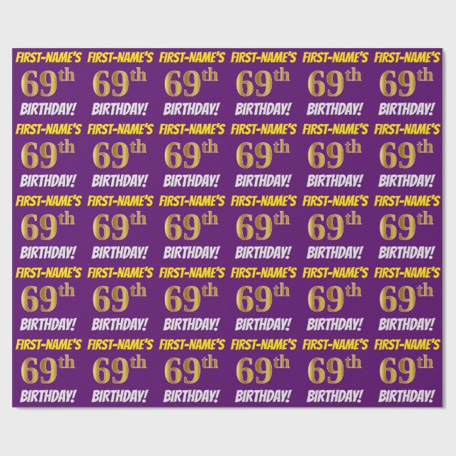 Lila, Faux/Imitation Guld, ’69:e BIRTHDAY’ Presentpapper (Platt)