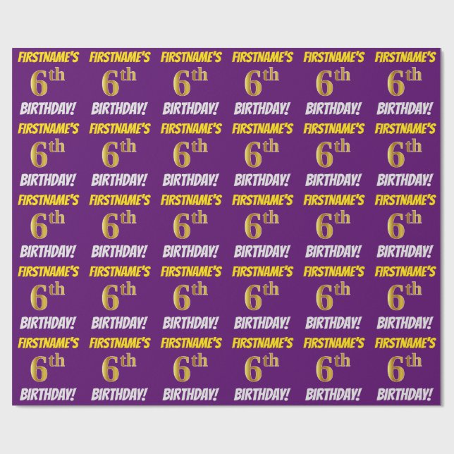 Lila, Faux/Imitation Guld, "6e BIRTHDAY" Presentpapper (Platt)