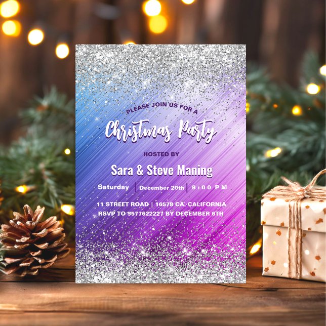 Lila faux silver glitter jul i klump inbjudningar (Skapare uppladdad)