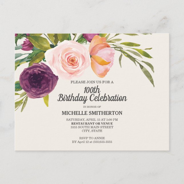 Lila Fersken Blommig Elfenben 100-årsdag Vykort (Framsida)