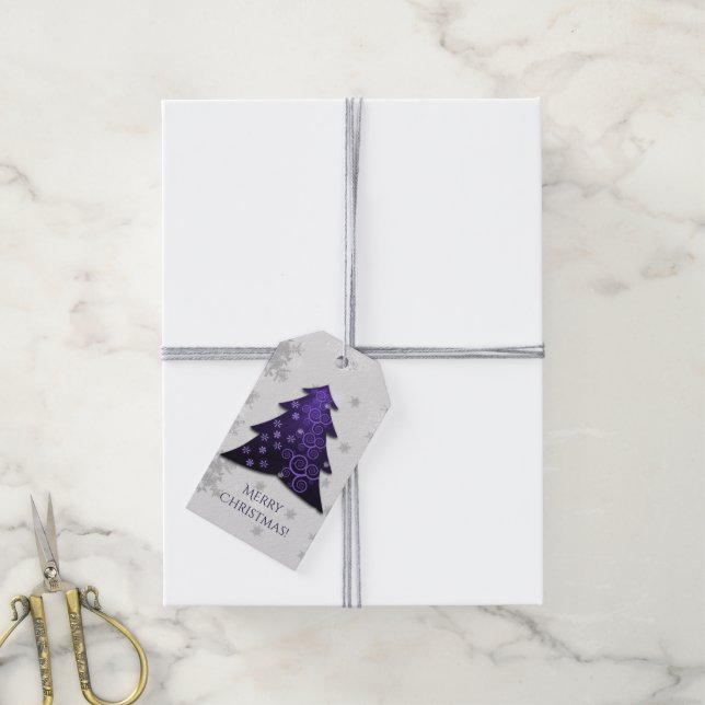 Lila Festive Julgran Gift Märkre Presentetikett (Med Snöre)