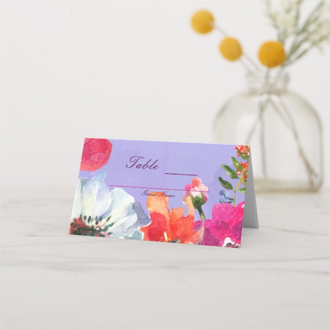 Lila fet målad blomsterpop chic bordsits placeringskort (Baksida)