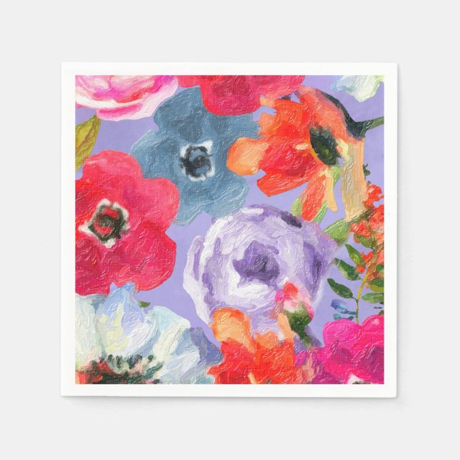 Lila fetmålad blomsterpop-chic bröllopsdusch pappersservett (Framsidan)