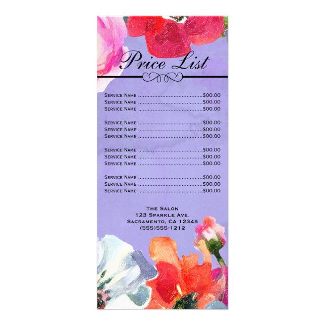 Lila fetmålade blomster Pop skönhetssalong Pris Reklamkort (Framsidan)