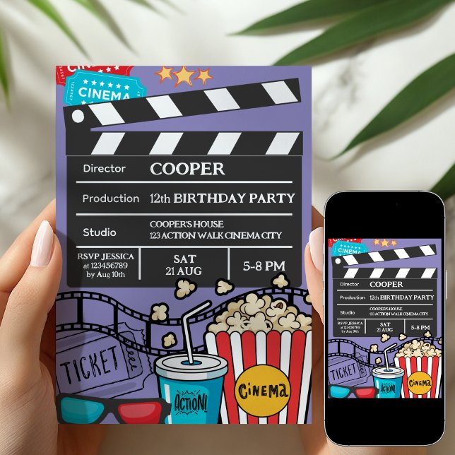 Lila filmnatt födelsedagsfest för pojkar inbjudningar (Skapare uppladdad)