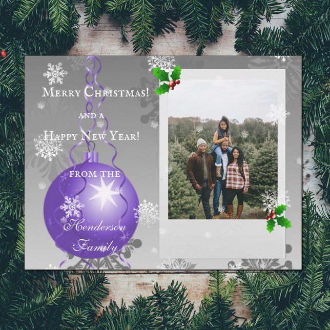 Lila Finare julklapp för Helgdag för prydnadsförem Julkort (Purple Fancy Christmas Ornament Holiday Photo Card)