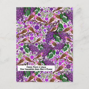 Lila Finches, Lilacs - NH State Bird and Flower Vykort