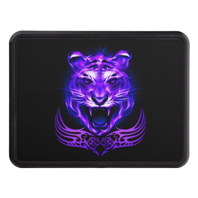 Lila Fire Flaming Tiger Cat Trailer Hitch Cover Dragkroksskydd (Framsidan)
