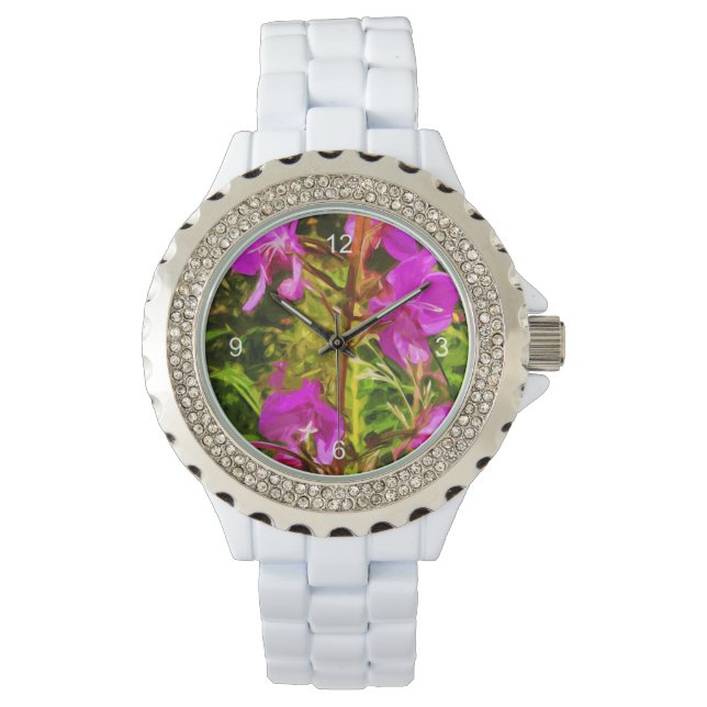 Lila Fireweed Alaska Wildblomme Abstrakt Armbandsur (Framsida)