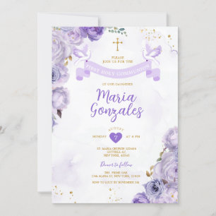 Lila First Heliga Communion Kor Butterfly Blommigt Inbjudningar