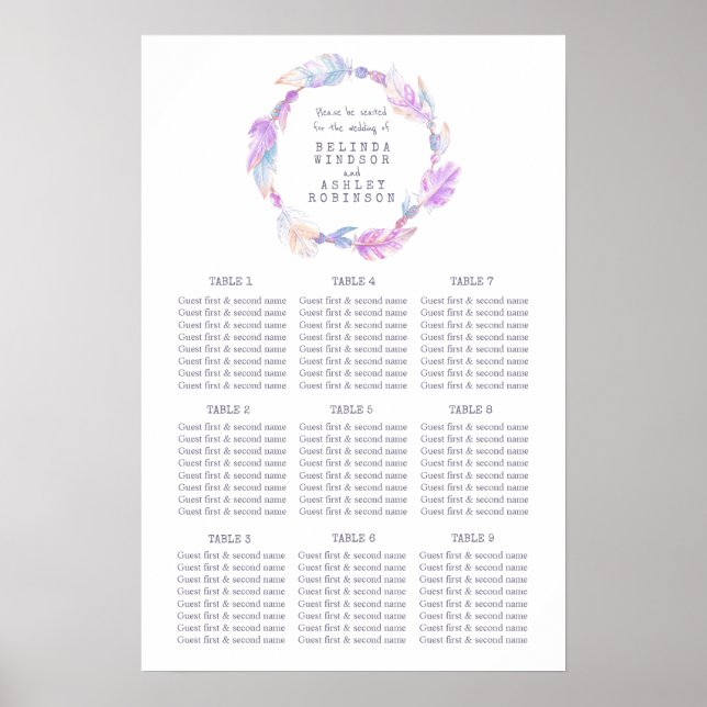 Lila fjäder vattenfärg bröllopsbord plan poster (Framsidan)
