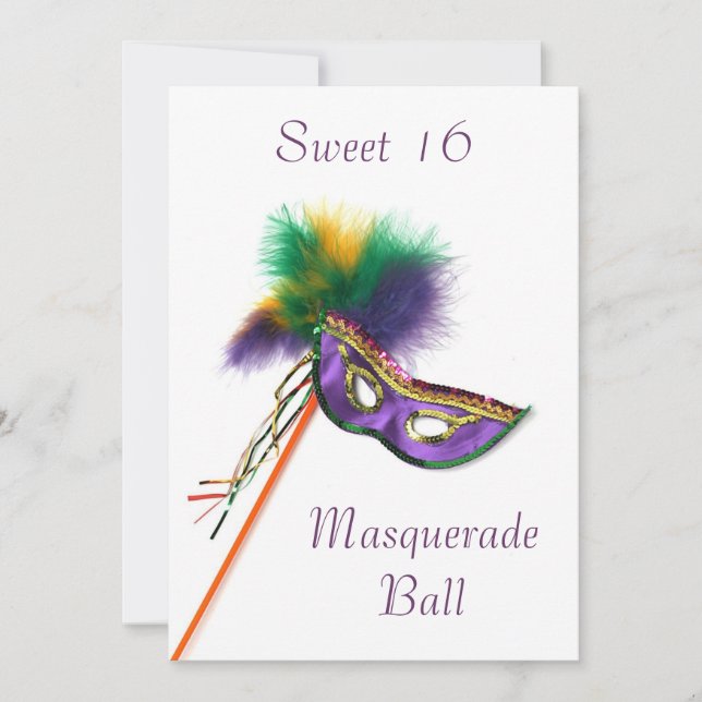 Lila fjädermask Sweet 16 maskeradfest Inbjudningar (Framsida)