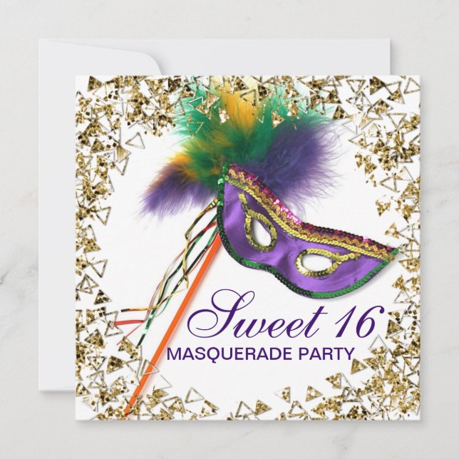 Lila fjädermask Sweet 16 maskeradfest Inbjudningar (Framsida)