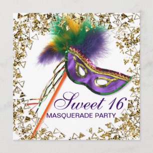 Lila fjädermask Sweet 16 maskeradfest Inbjudningar