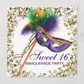 Lila fjädermask Sweet 16 maskeradfest Inbjudningar