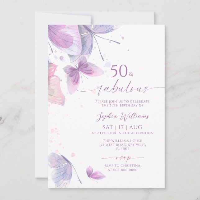 Lila fjäril 50 & fantastisk födelsedagsinbjudan inbjudningar (Framsida)