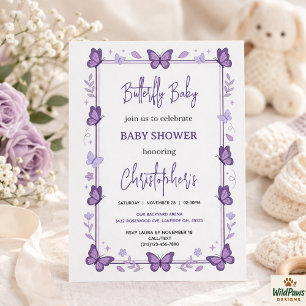 Lila Fjäril Baby Flicka Bebis Shower  Inbjudningar