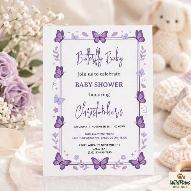 Lila Fjäril Baby Flicka Bebis Shower  Inbjudningar (Purple Butterfly Baby Girl Baby Shower Invitation
)
