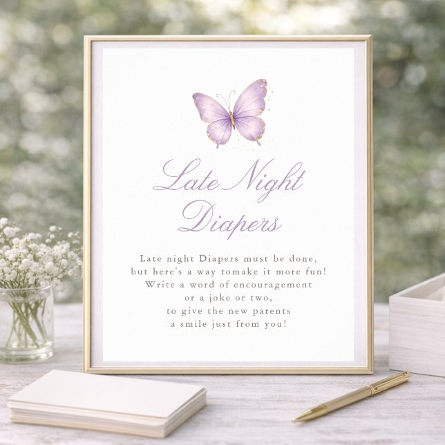 Lila fjäril Baby Shower Sena Natt Blöjor Poster (Skapare uppladdad)