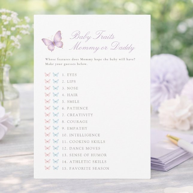 Lila Fjäril Baby Shower Spelkort för Babyegenskape Inbjudningar (Skapare uppladdad)