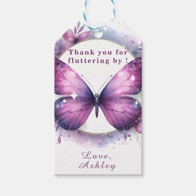 Lila fjäril Baby Shower Tack  Presentetikett (Framsidan)