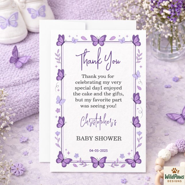 Lila fjäril Babyflicka Baby Shower Tack Kort (Purple Butterfly Baby Girl Baby Shower Thank You Card
)