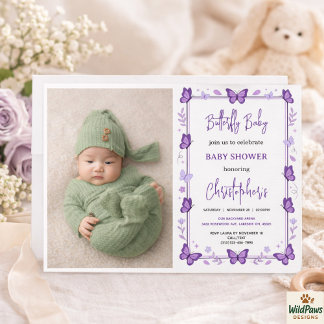 Lila Fjäril Babyflicka Barnkalas Inbjudningar