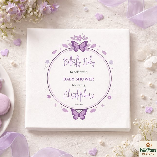 Lila Fjäril Babyflicka Bebisens Första Dag Firande Pappersservett (Purple Butterfly Baby Girl Baby Shower Napkins
)