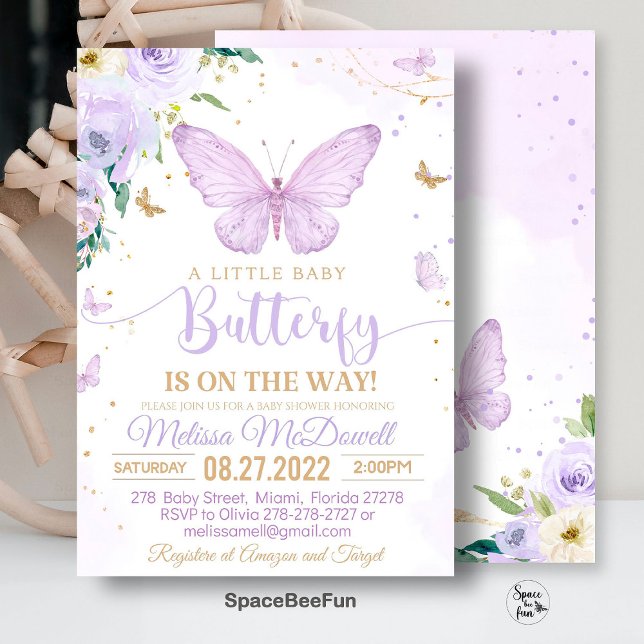 Lila fjäril Bebis bjudan till fikaparty Flickan in Inbjudningar (Butterfly invites,Baby Shower,Invitation,A Little Butterfly,Is On The Way,Butterfly Theme,Shower bab)