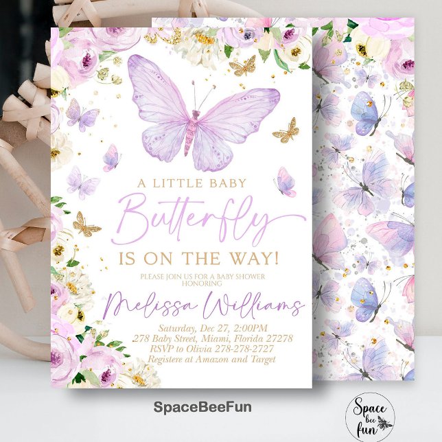Lila fjäril Bebisens tillbehör Flicka inbjudan (Purple Butterfly invitation,Baby Shower Invitation,Girl Butterfly Theme,baby shower invite,)
