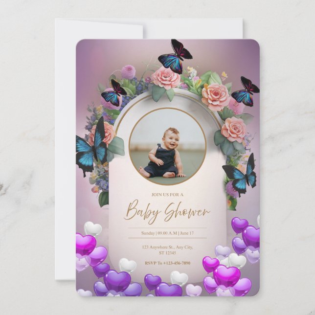 Lila fjäril Blommig Baby Shower Inbjudan (Framsida)