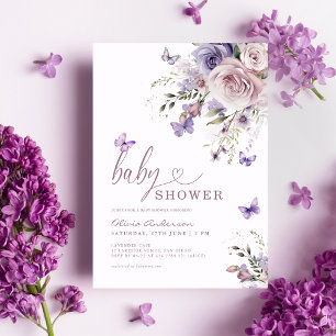 Lila fjäril Blommig babyfirande Inbjudningar