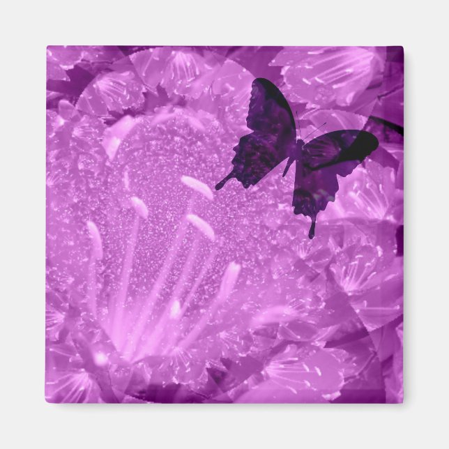 Lila Fjäril Blommig Fyrkantig Magnet (Framsidan)