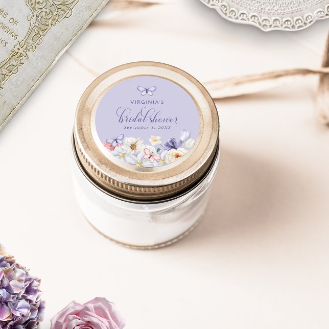 Lila Fjäril Bröllopsdusch-dekal Runt Klistermärke (Purple Butterfly Bridal Shower Sticker
)