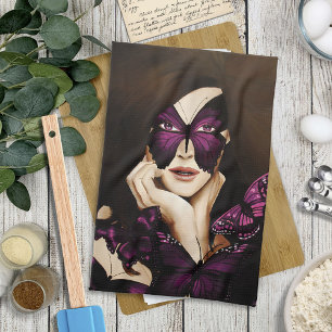 Lila fjäril Masquerade Kvinna Elegant Fantasy Kökshandduk
