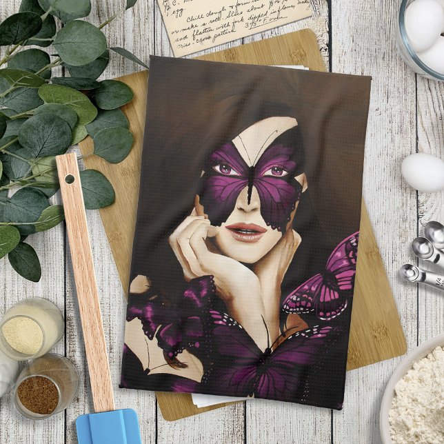 Lila fjäril Masquerade Kvinna Elegant Fantasy Kökshandduk (Skapare uppladdad)