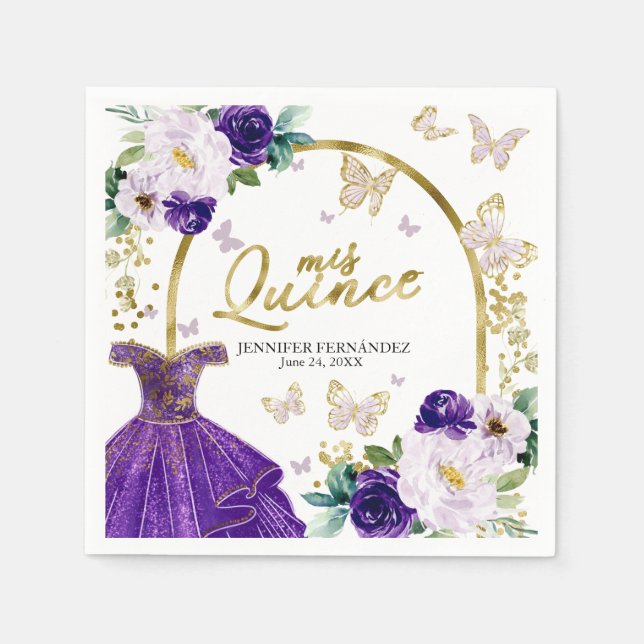 Lila Fjäril Quinceanera Pappersservett (Framsidan)
